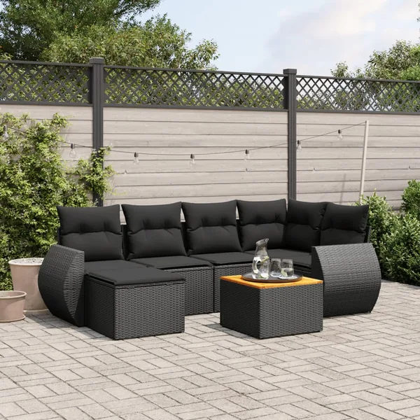 Salon de jardin 7 pcs avec coussins noir résine tressée 62 x 62 x 69 cm - 58,0 kg