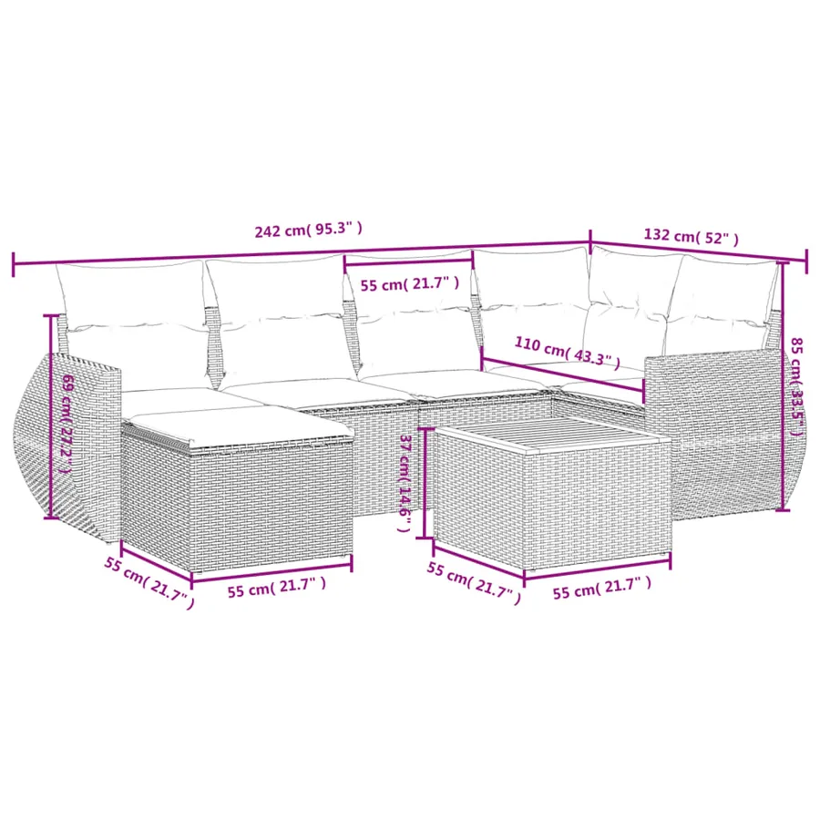 Salon de jardin 7 pcs avec coussins noir résine tressée 62 x 62 x 69 cm - 58,0 kg - 3