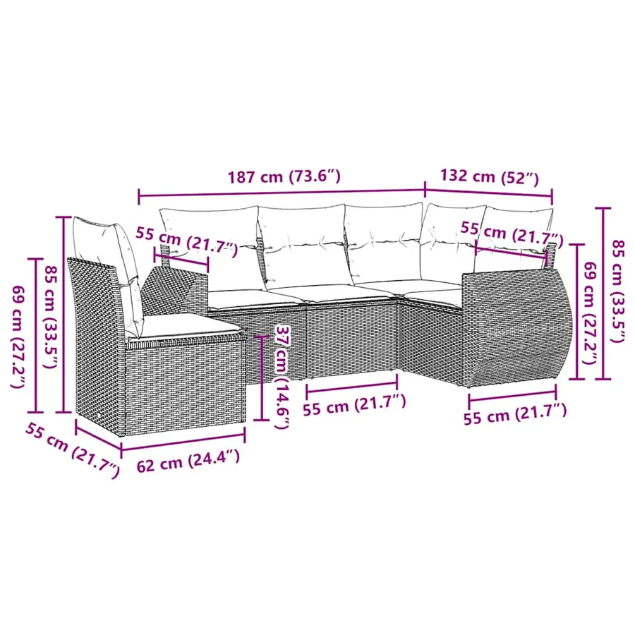 Salon de jardin 5 pcs avec coussins noir résine tressée - 3