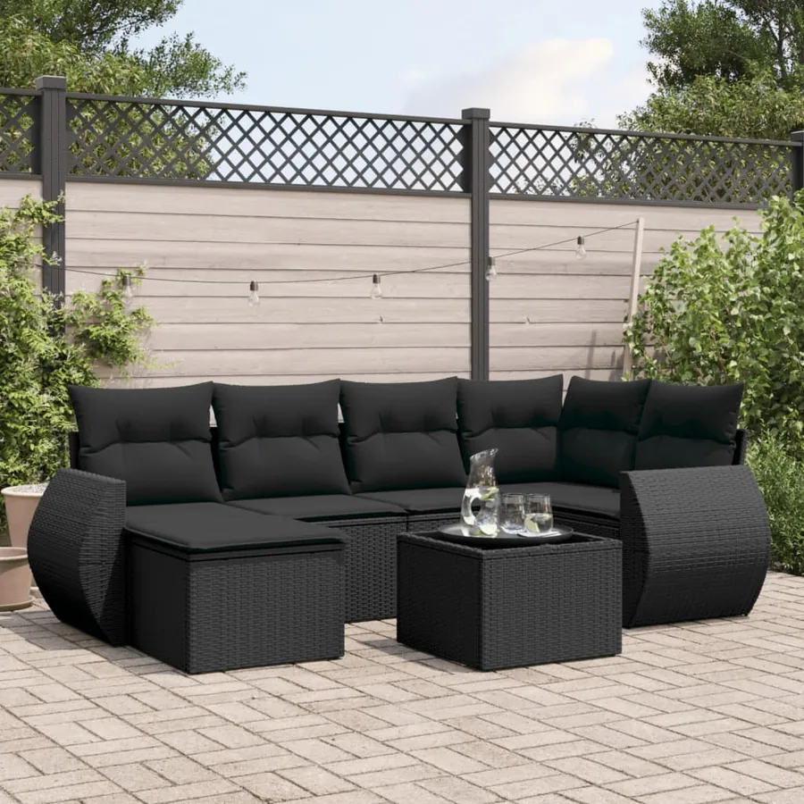 Salon de jardin 7 pcs avec coussins noir résine tressée 71 x 62 x 69 cm - 58,8 kg