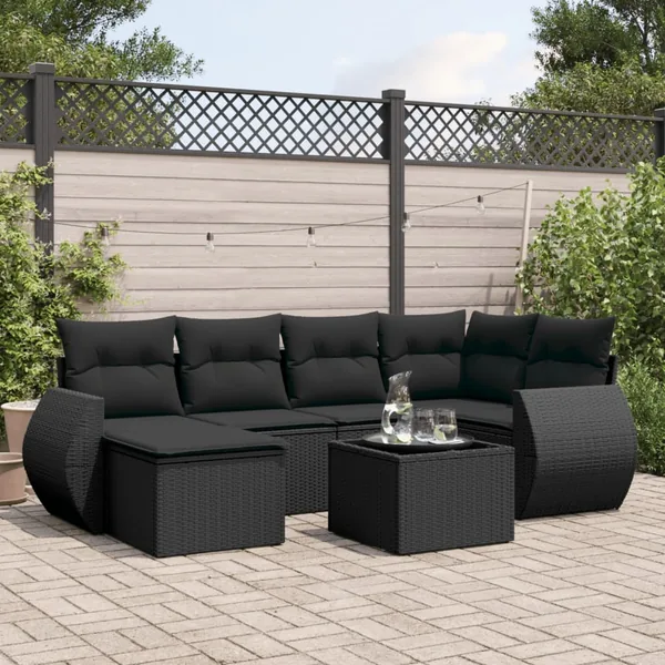 Salon de jardin 7 pcs avec coussins noir résine tressée 71 x 62 x 69 cm - 58,8 kg