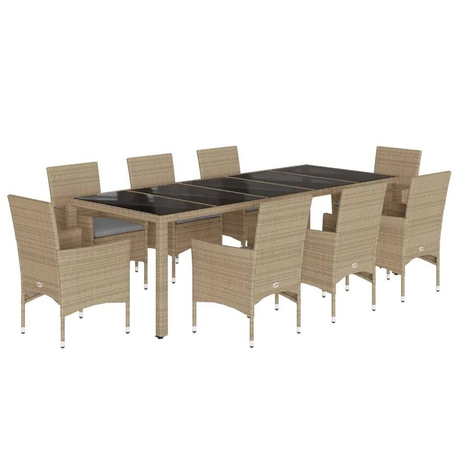 Ensemble à manger de jardin et coussins 9 pcs beige rotin verre - 2
