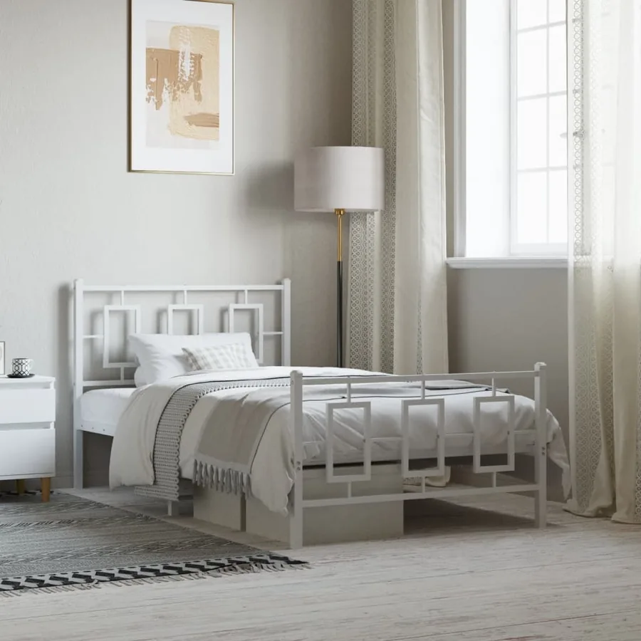 Cadre de lit métal sans matelas et pied de lit blanc 100x200 cm