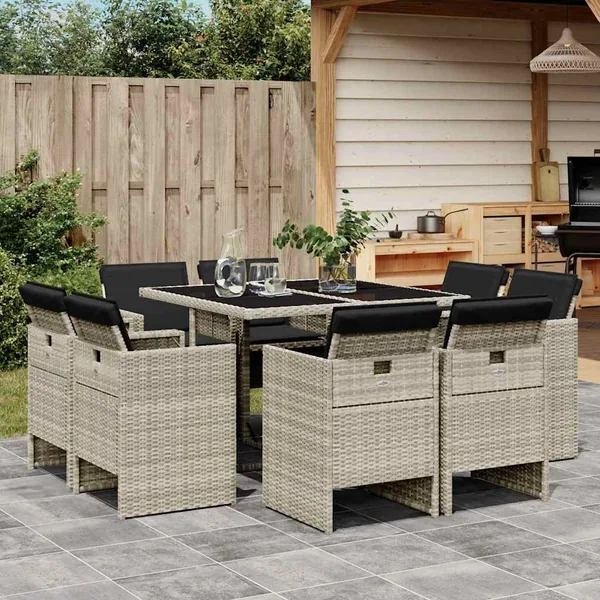 Ensemble à manger de jardin et coussins 9 pcs gris clair rotin