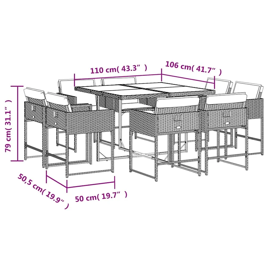 Ensemble à manger de jardin et coussins 9 pcs gris clair rotin - 8