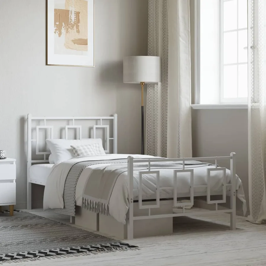 Cadre de lit métal sans matelas avec pied de lit blanc 90x200cm