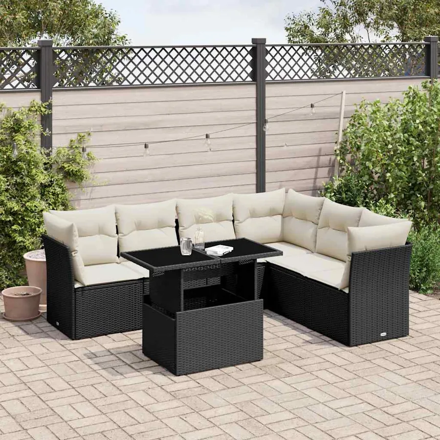 Salon de jardin 7 pcs avec coussins noir résine tressée 62 x 62 x 69 cm - 64,8 kg