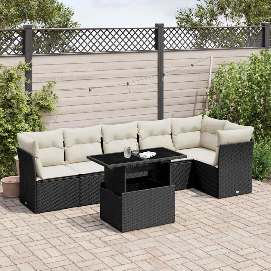 Salon de jardin 7 pcs avec coussins noir résine tressée 62 x 62 x 69 cm - 64,8 kg