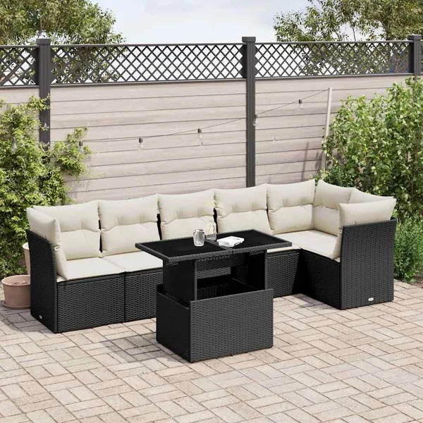 Salon de jardin 7 pcs avec coussins noir résine tressée 62 x 62 x 69 cm - 64,8 kg