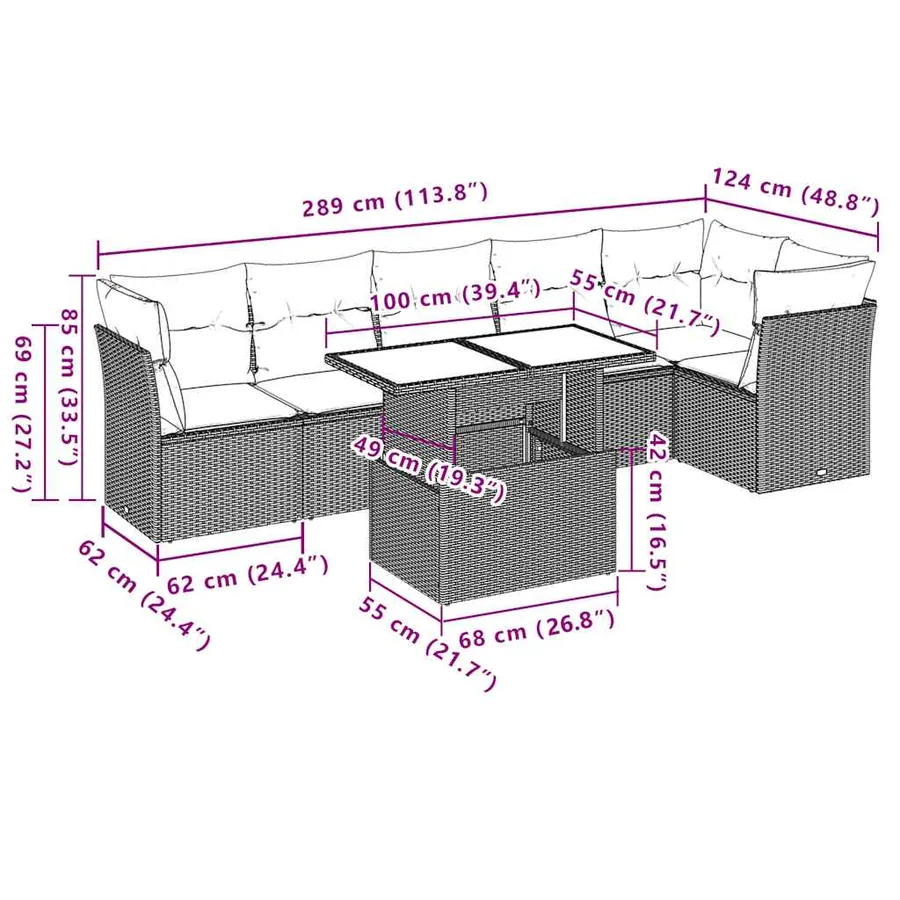 Salon de jardin 7 pcs avec coussins noir résine tressée 62 x 62 x 69 cm - 64,8 kg - 9