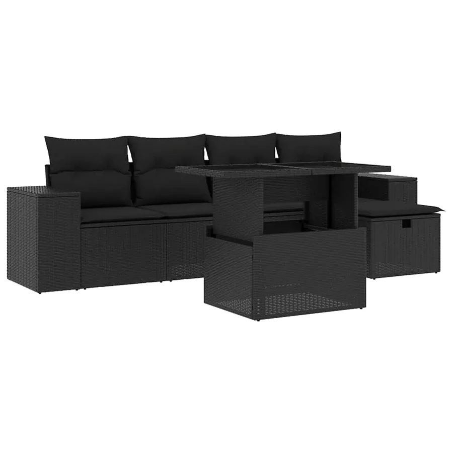 Salon de jardin 6 pcs avec coussins noir résine tressée - 2