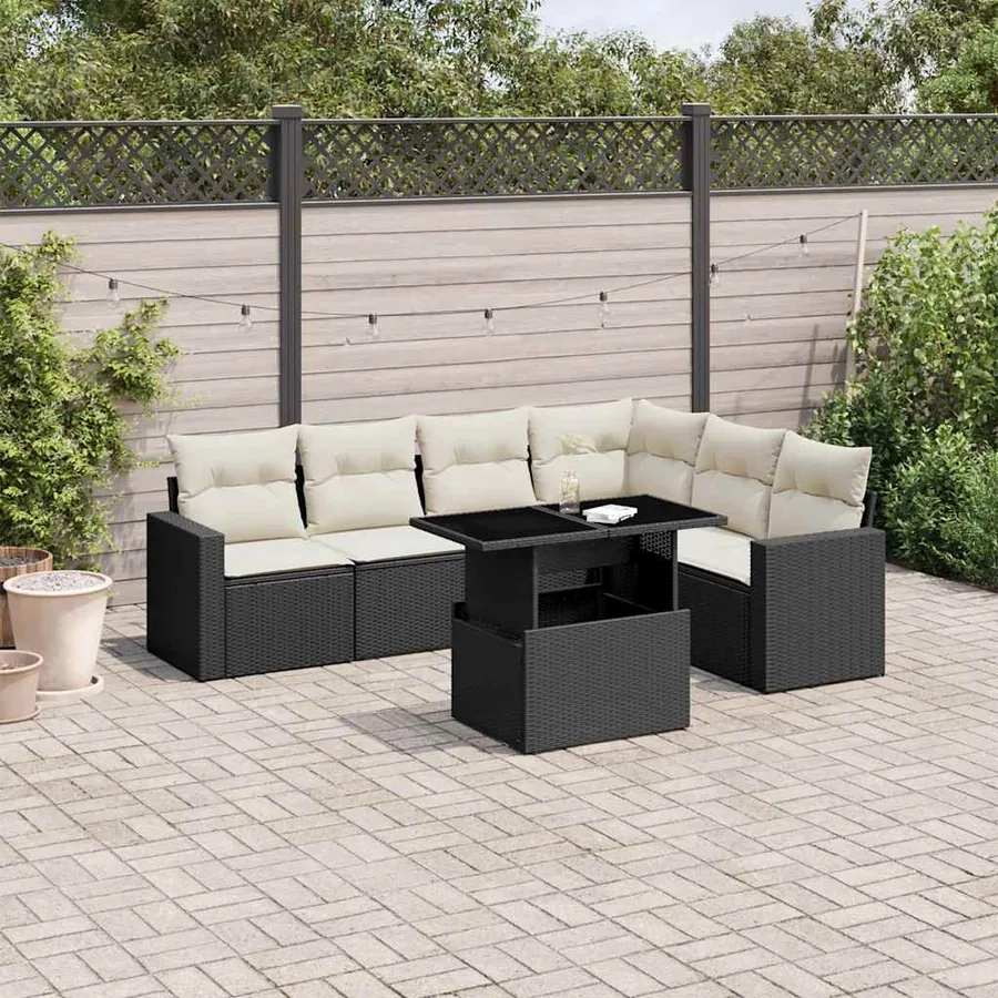 Salon de jardin 7 pcs avec coussins noir résine tressée 62 x 62 x 69 cm - 63,4 kg