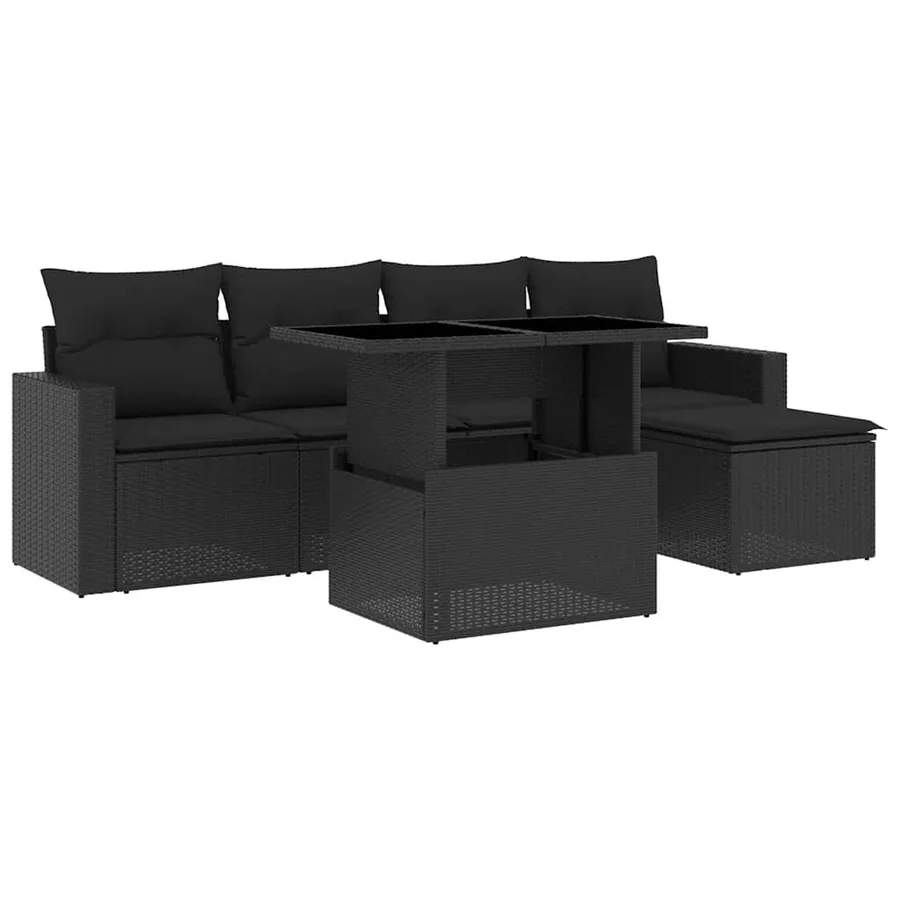 Salon de jardin 6 pcs avec coussins noir résine tressée - 2
