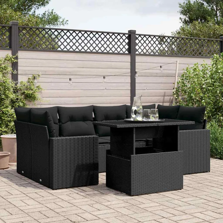 Salon de jardin 7 pcs avec coussins noir résine tressée 62 x 62 x 69 cm - 66,7 kg