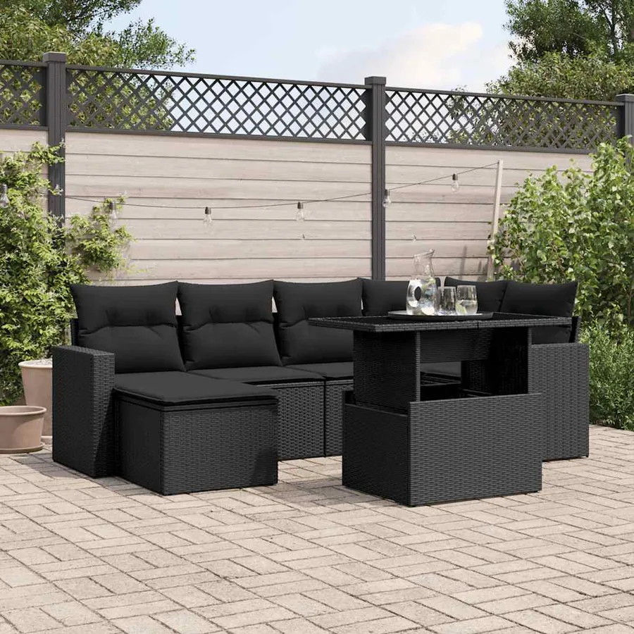 Salon de jardin 7 pcs avec coussins noir résine tressée 62 x 62 x 69 cm - 63,8 kg