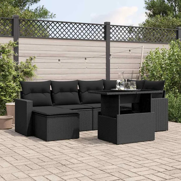 Salon de jardin 7 pcs avec coussins noir résine tressée 62 x 62 x 69 cm - 63,8 kg