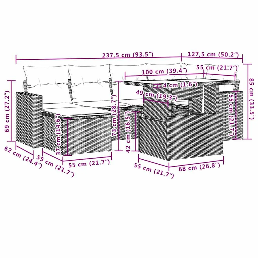 Salon de jardin 7 pcs avec coussins noir résine tressée 62 x 62 x 69 cm - 63,8 kg - 11