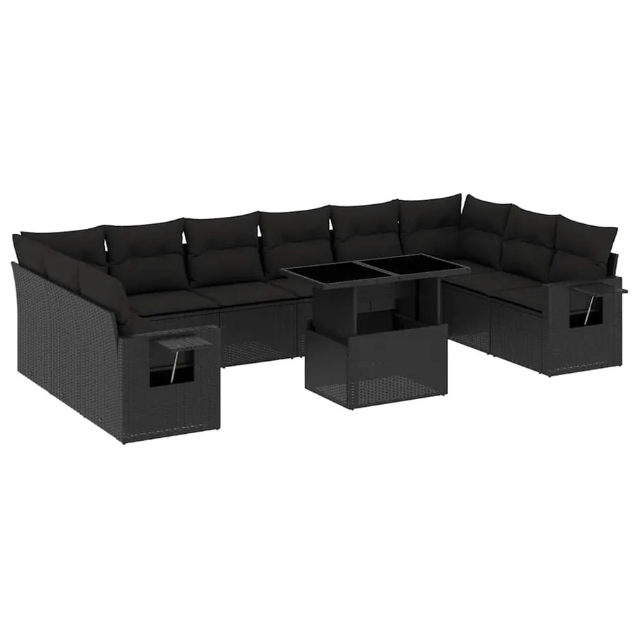 Salon de jardin 11 pcs avec coussins noir résine tressée - 2