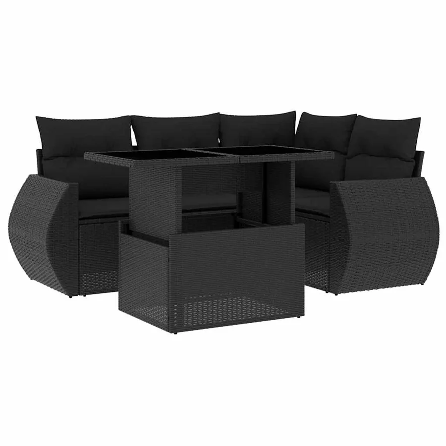 Salon de jardin 5 pcs avec coussins noir résine tressée - 2