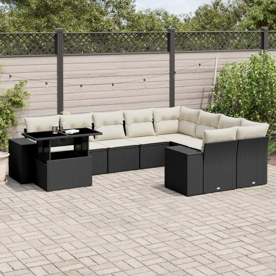 Salon de jardin 10 pcs avec coussins noir résine tressée