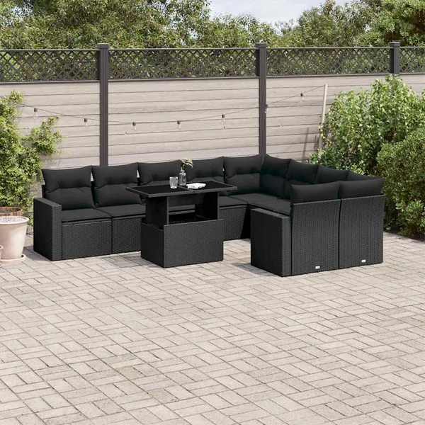 Salon de jardin 10 pcs avec coussins noir résine tressée