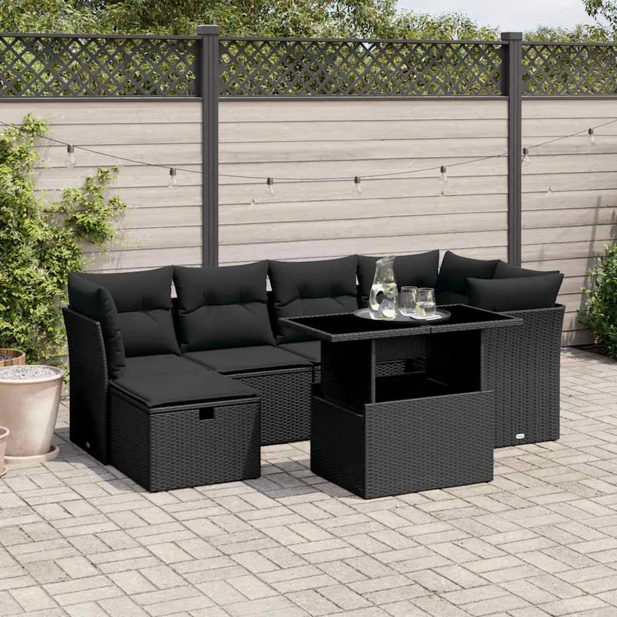 Salon de jardin 7 pcs avec coussins noir résine tressée 62 x 62 x 69 cm - 65,7 kg
