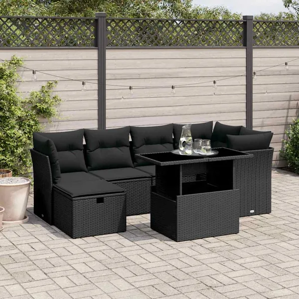 Salon de jardin 7 pcs avec coussins noir résine tressée 62 x 62 x 69 cm - 65,7 kg