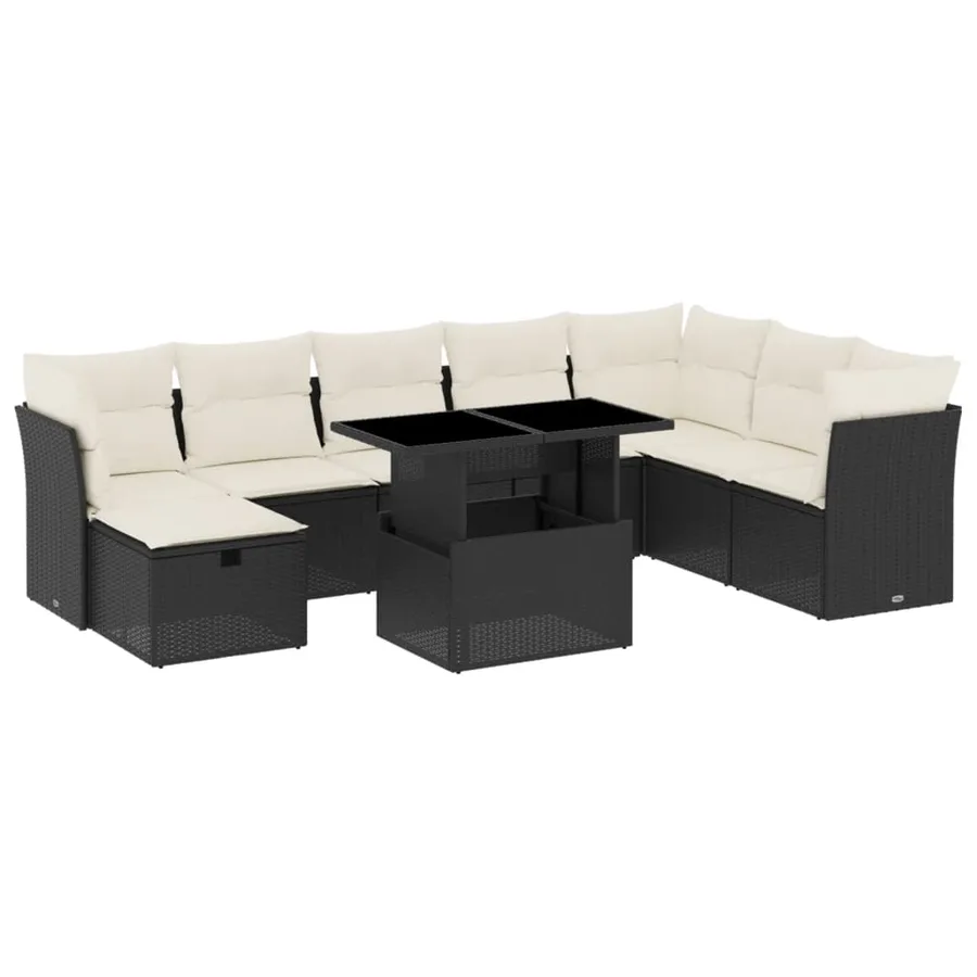 Salon de jardin 9 pcs avec coussins noir résine tressée - 2