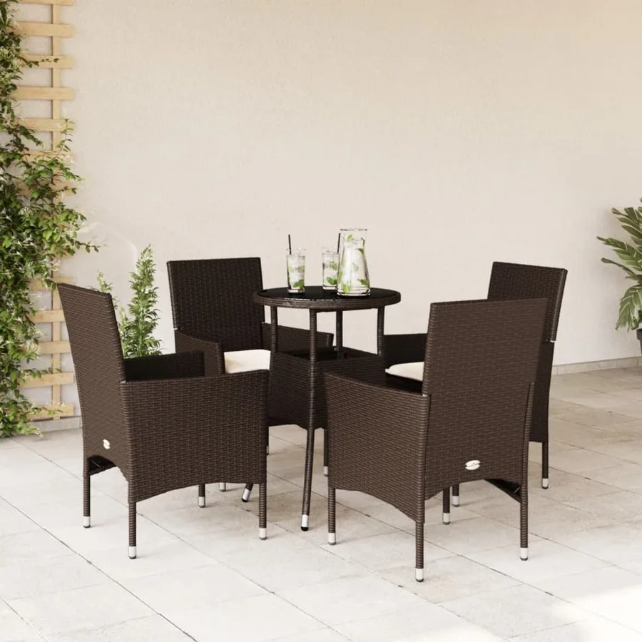 Ensemble à manger de jardin et coussins 5pcs marron rotin verre - 3