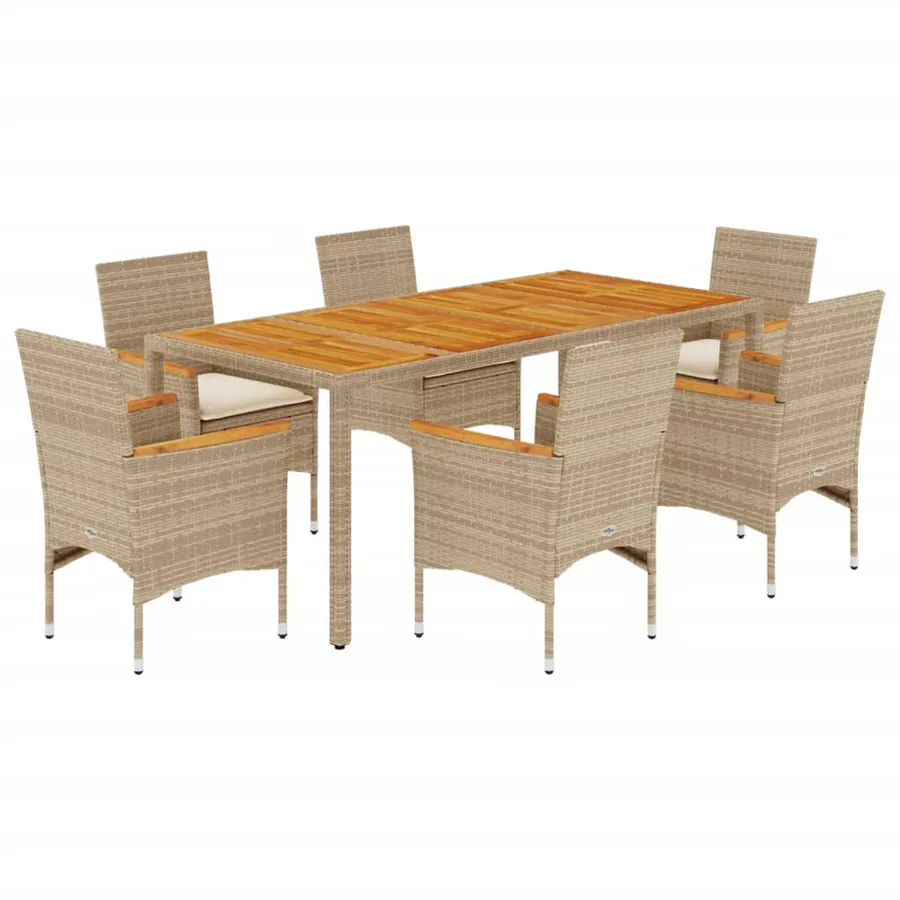 Ensemble à manger de jardin et coussins 7pcs beige rotin acacia - 2