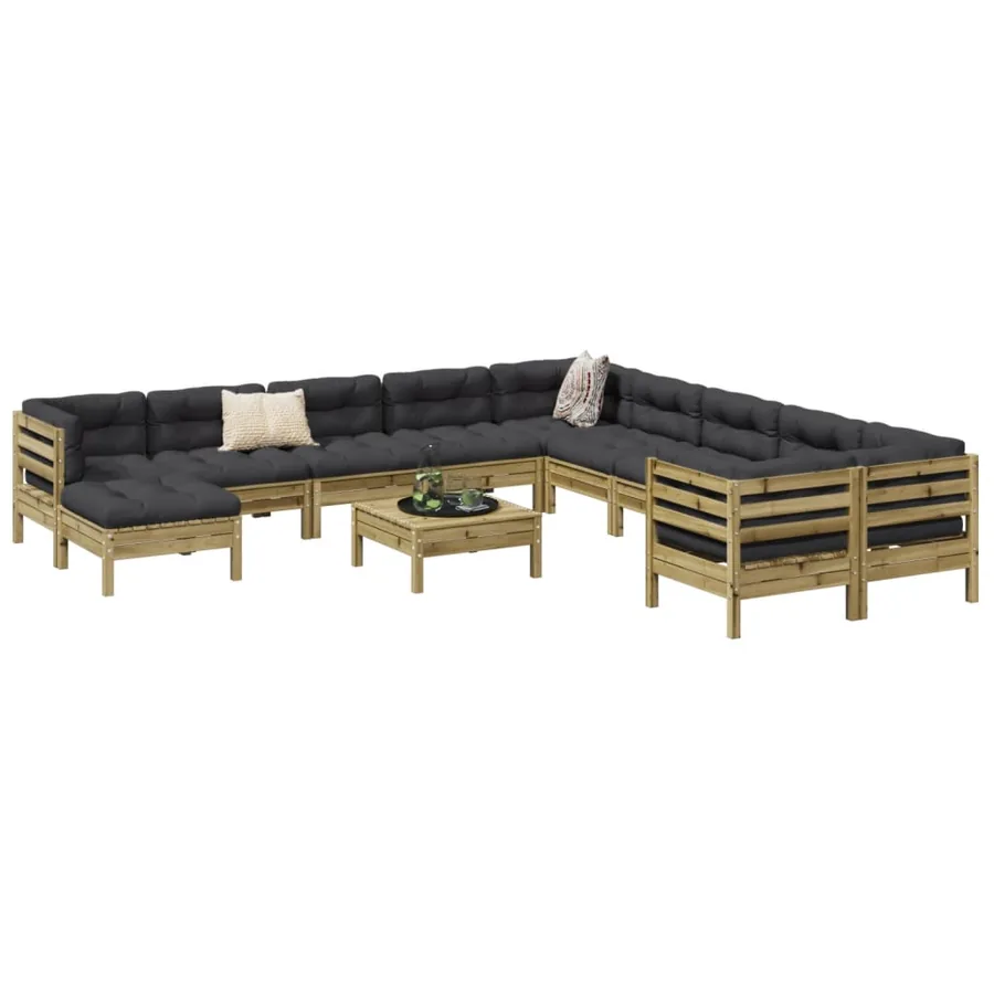 Salon de jardin avec coussins 12 pcs bois de pin imprégné