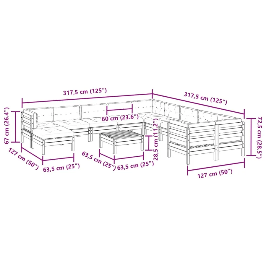 Salon de jardin avec coussins 12 pcs bois de pin imprégné - 14