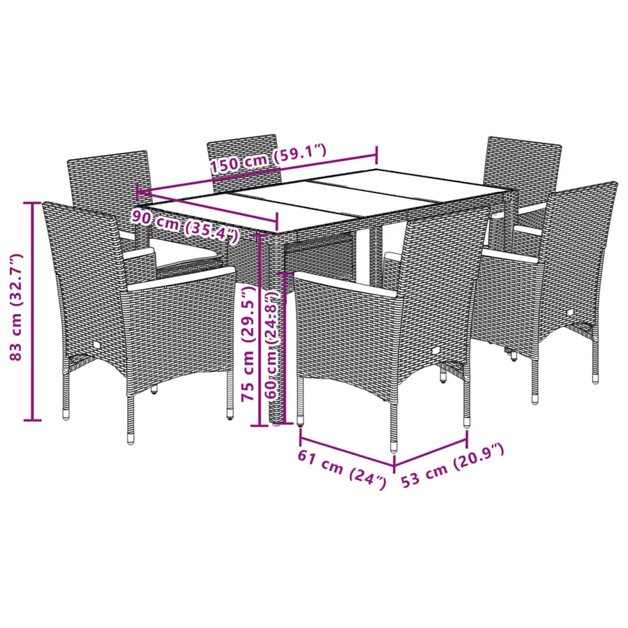 Ensemble à manger de jardin et coussins 7 pcs noir rotin acacia - 7