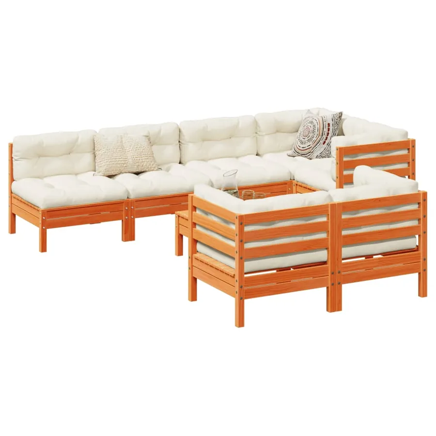 Salon de jardin 8 pcs avec coussins marron cire bois pin massif