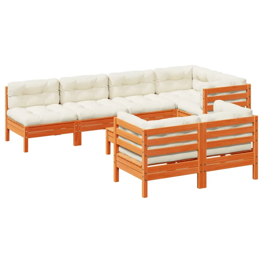 Salon de jardin 8 pcs avec coussins marron cire bois pin massif - 2