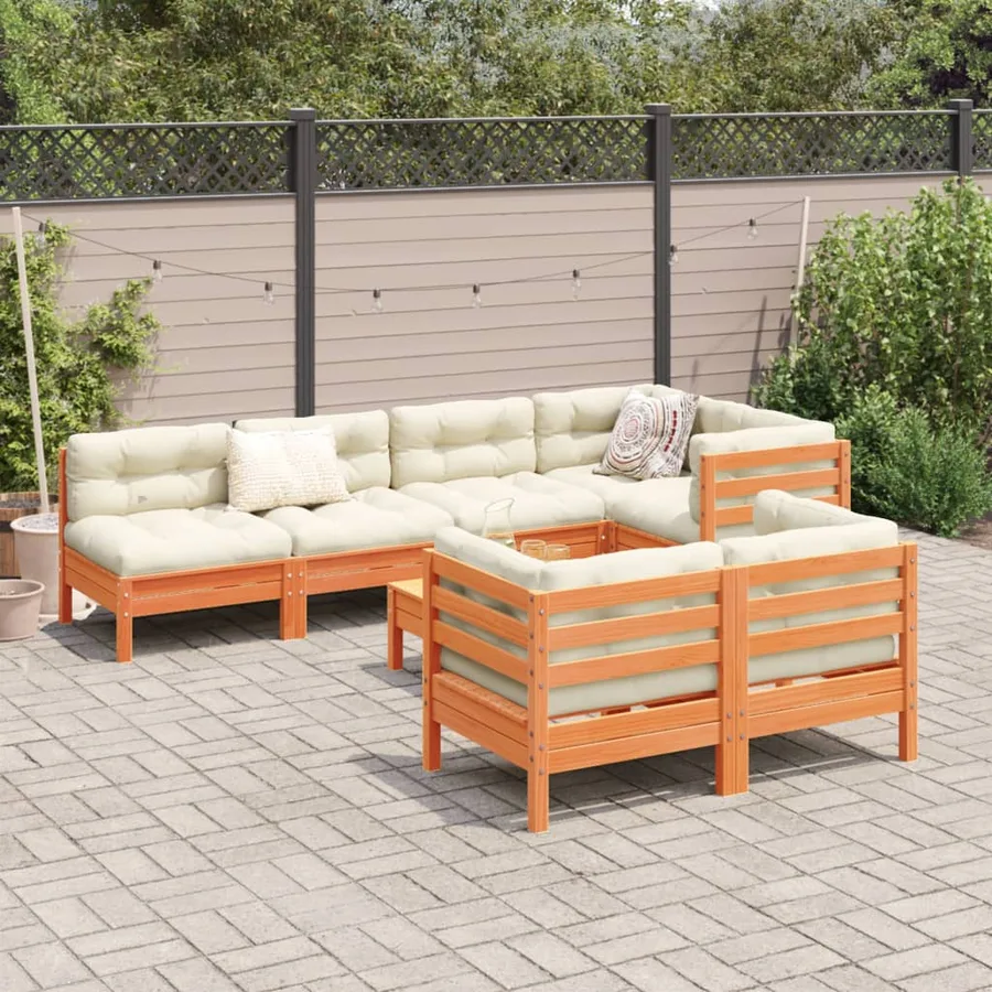 Salon de jardin 8 pcs avec coussins marron cire bois pin massif - 3
