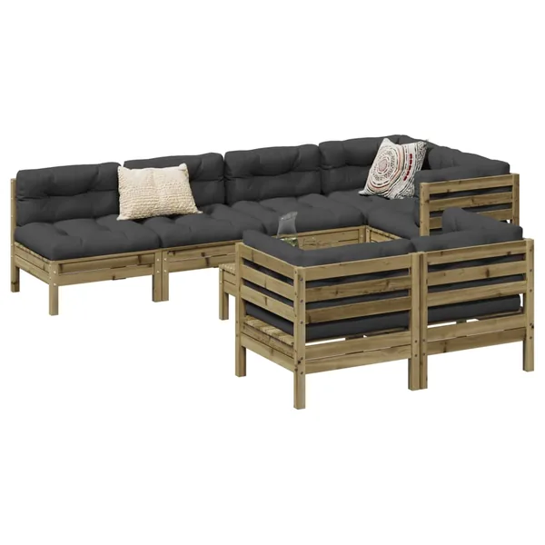 Salon de jardin 8 pcs avec coussins bois de pin imprégné