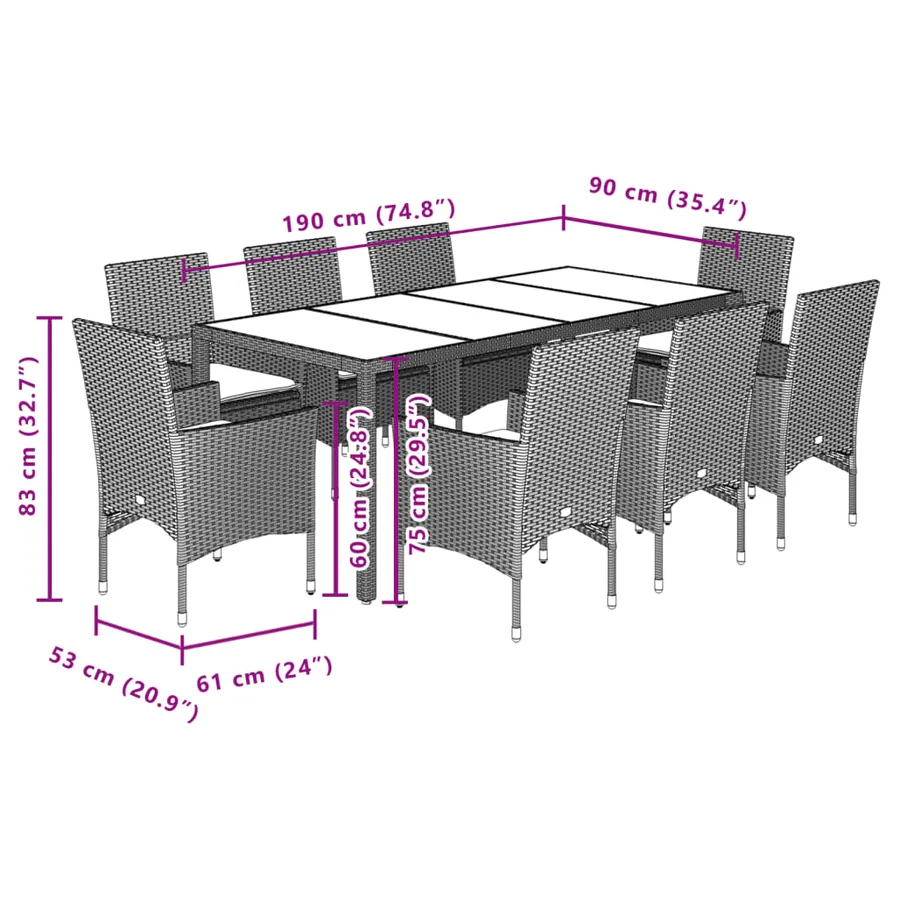 Ensemble à manger de jardin et coussins 9 pcs noir rotin acacia - 7