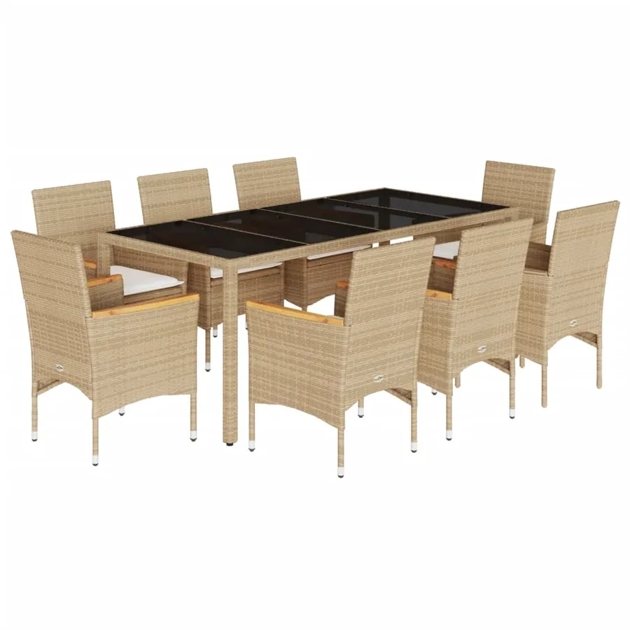 Ensemble à manger de jardin et coussins 9 pcs beige rotin verre - 2