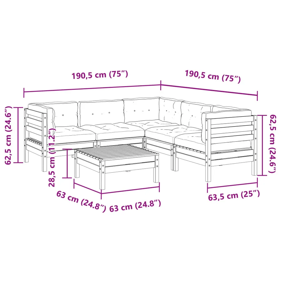 Salon de jardin 6 pcs avec coussins cire marron bois pin massif - 12