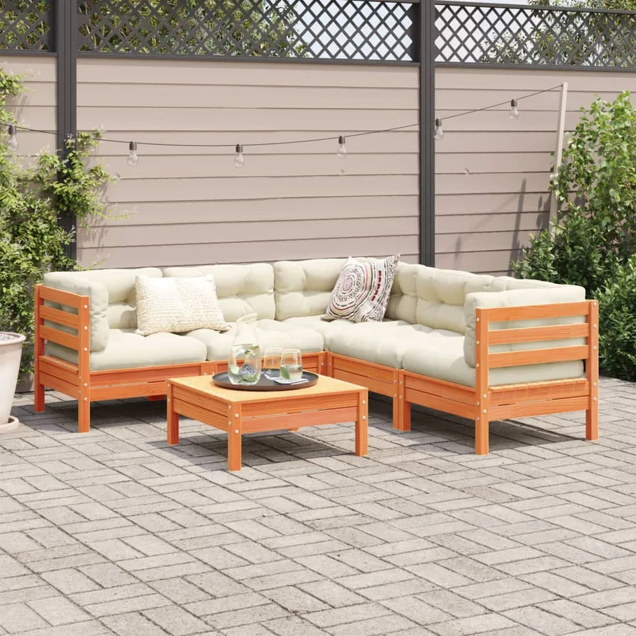 Salon de jardin 6 pcs avec coussins cire marron bois pin massif - 3