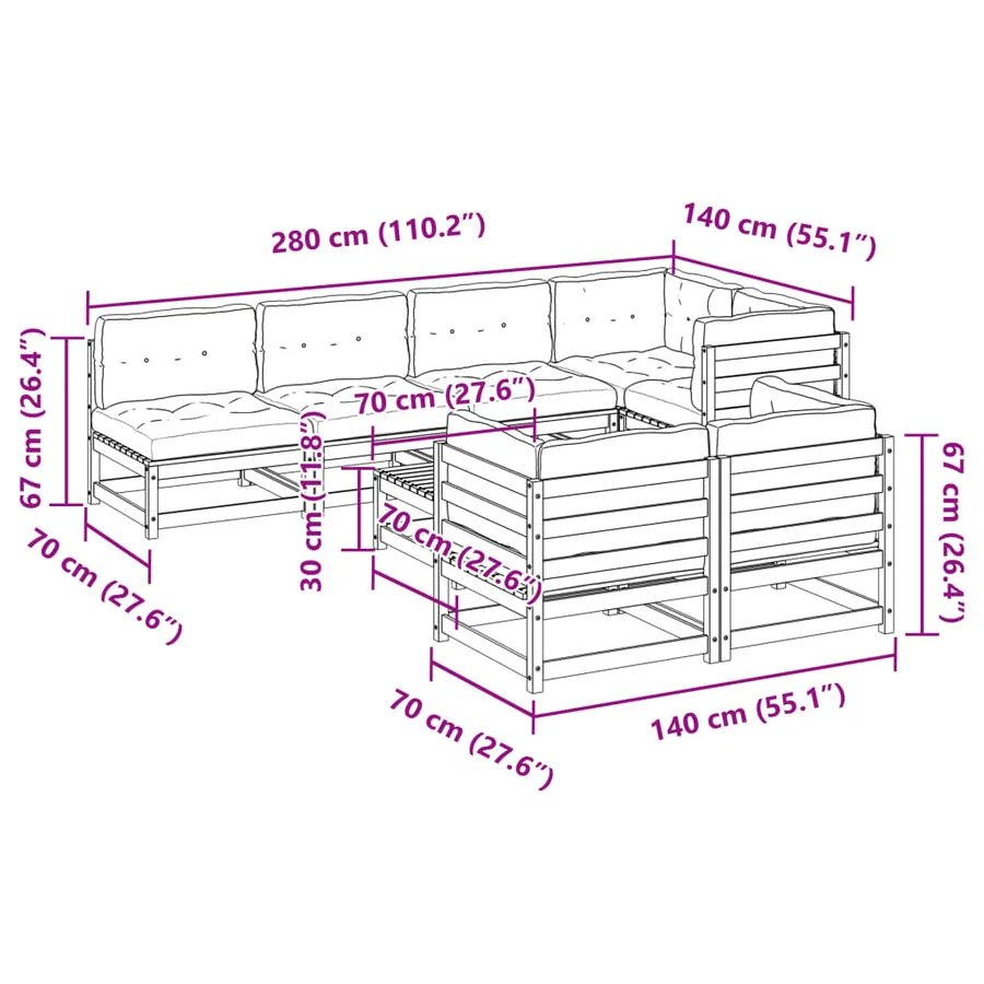 Salon de jardin 8 pcs avec coussins bois de pin massif - 11