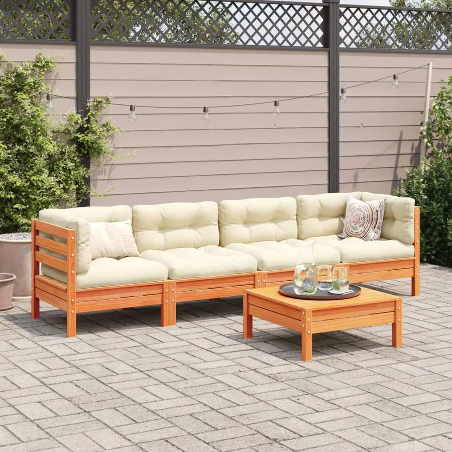 Salon de jardin 5 pcs avec coussins cire marron bois pin massif - 3