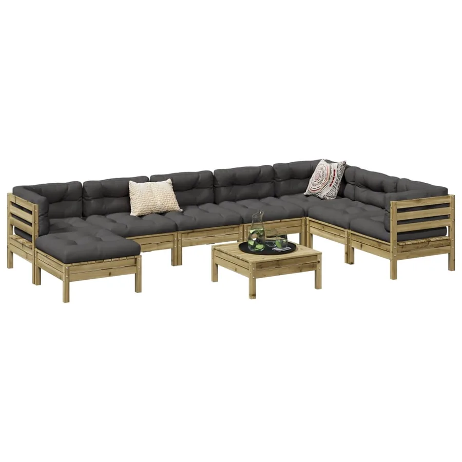 Salon de jardin avec coussins 9 pcs bois de pin imprégné