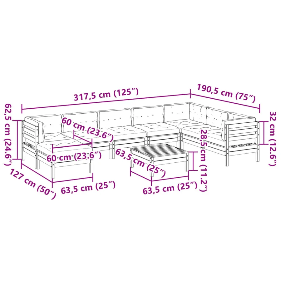Salon de jardin avec coussins 9 pcs bois de pin imprégné - 14