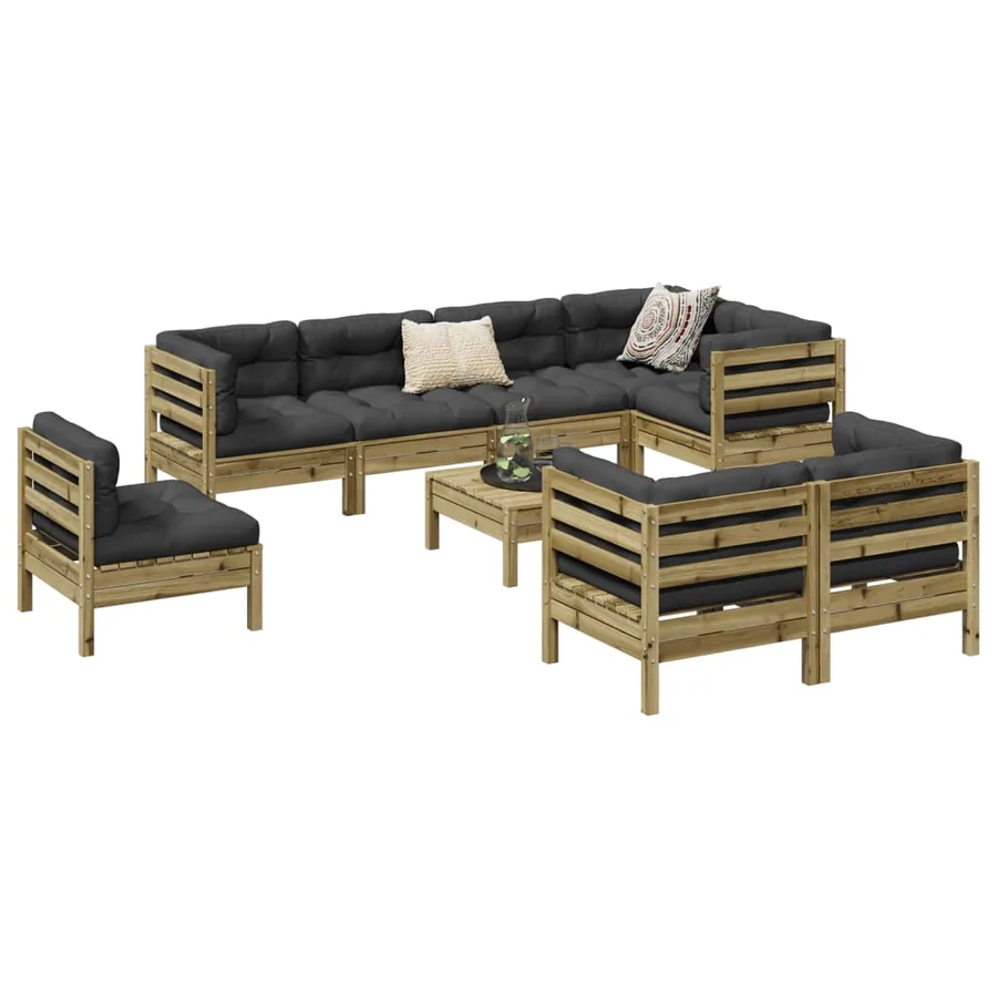 Salon de jardin 9 pcs avec coussins bois de pin imprégné