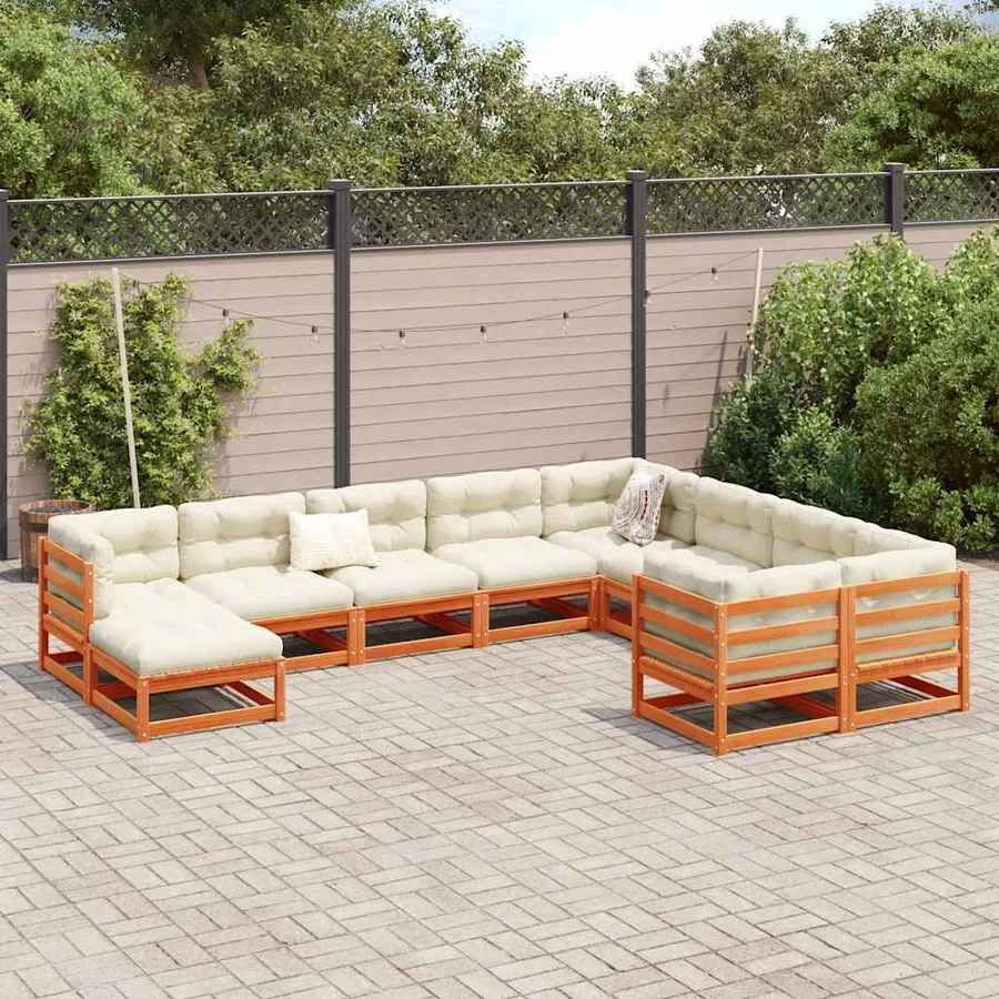 Salon de jardin 10pcs avec coussins cire marron bois pin massif - 3