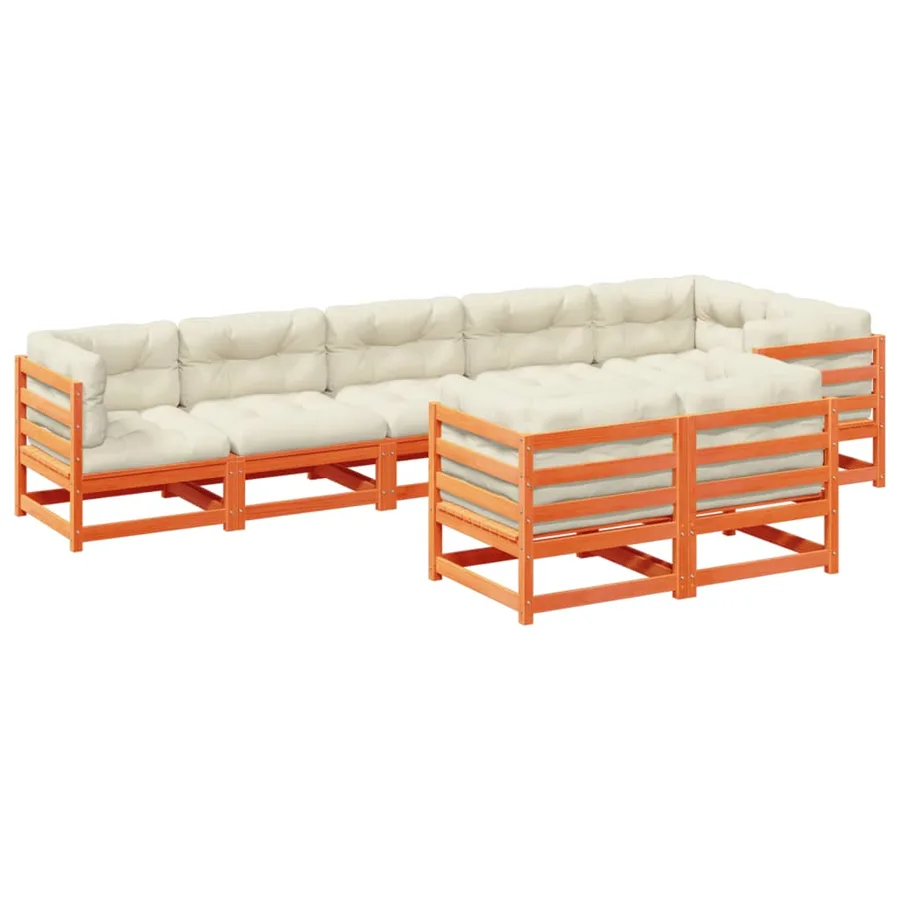 Salon de jardin 8 pcs avec coussins marron cire bois pin massif - 2