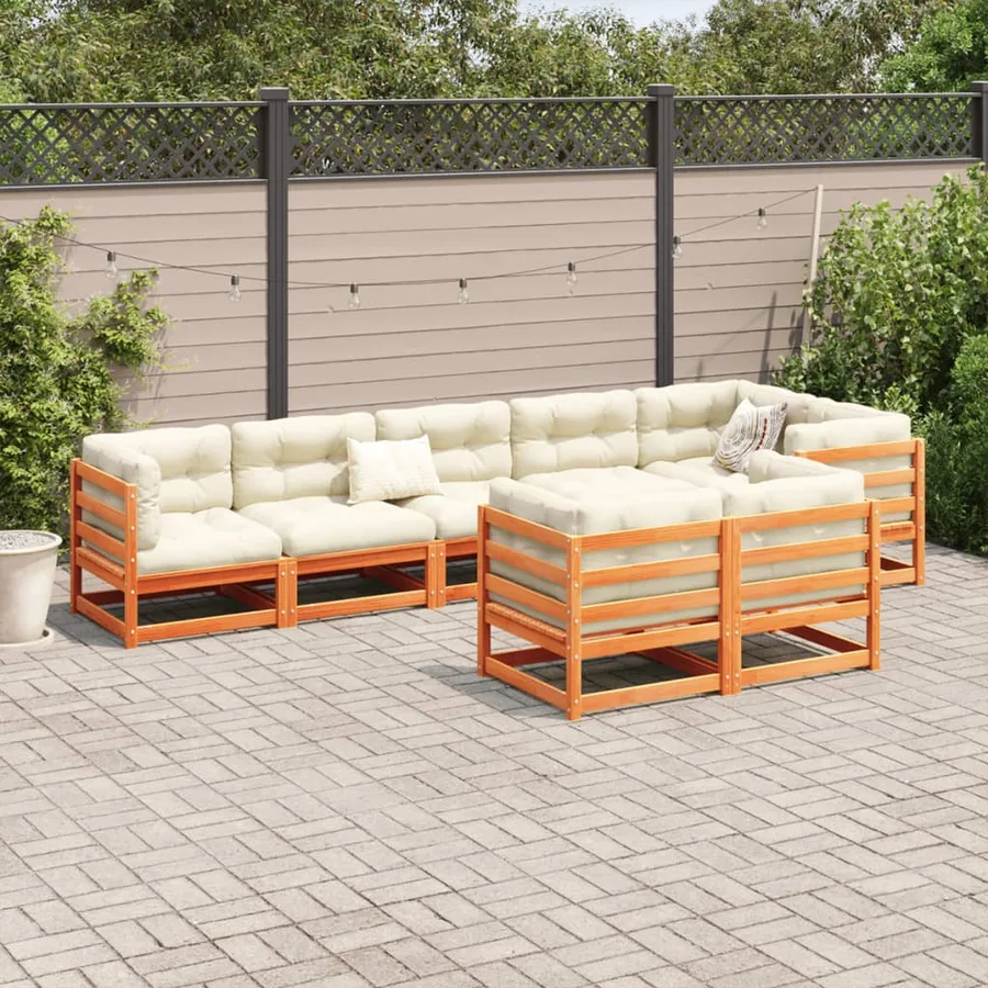 Salon de jardin 8 pcs avec coussins marron cire bois pin massif - 3
