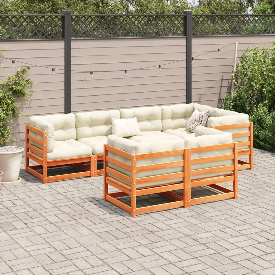 Salon de jardin 7 pcs avec coussins cire marron bois pin massif - 3